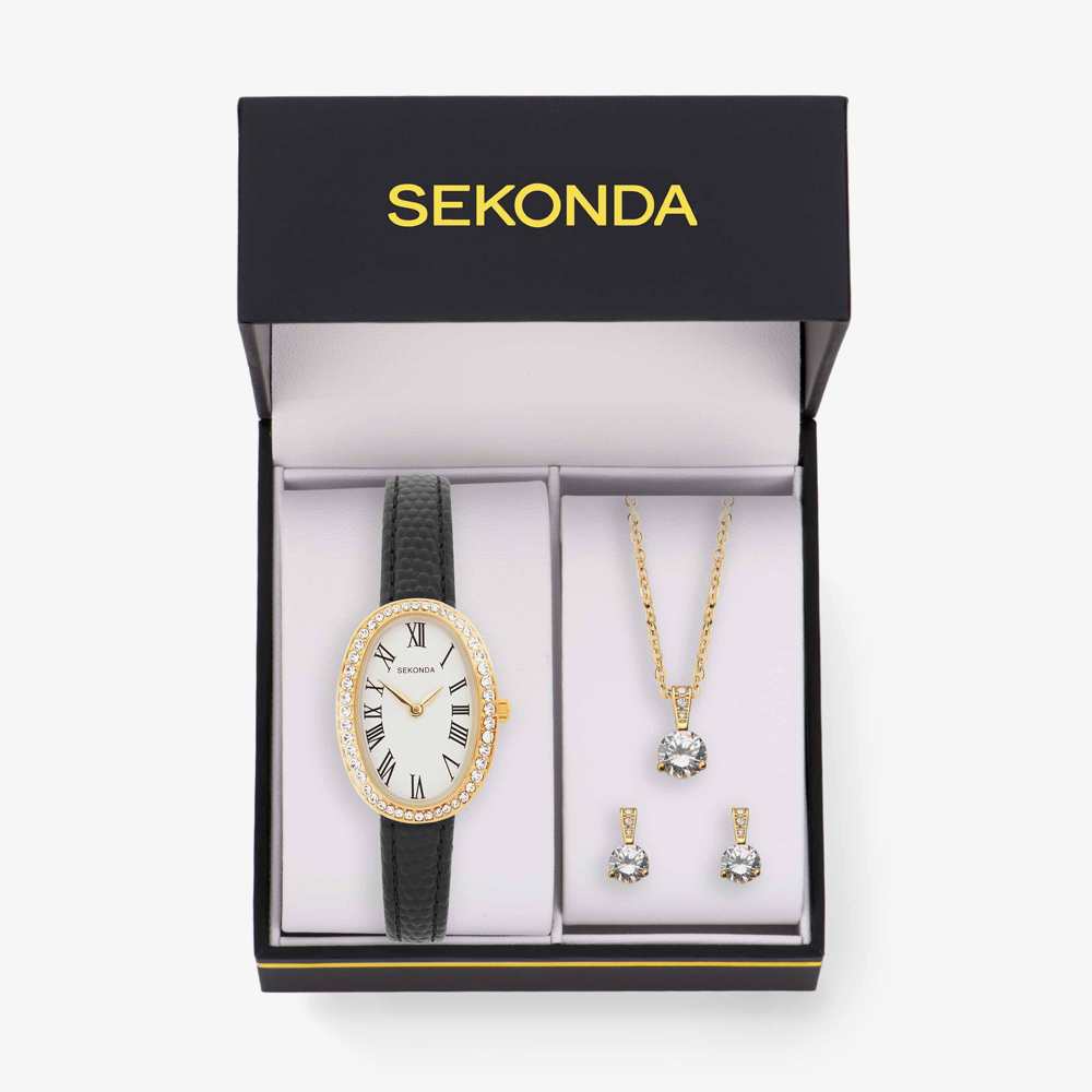 Sekonda Ladies Classic Bellamy Oval Dial Black Leather Strap Watch Earrings + Necklace Gift Set 49079