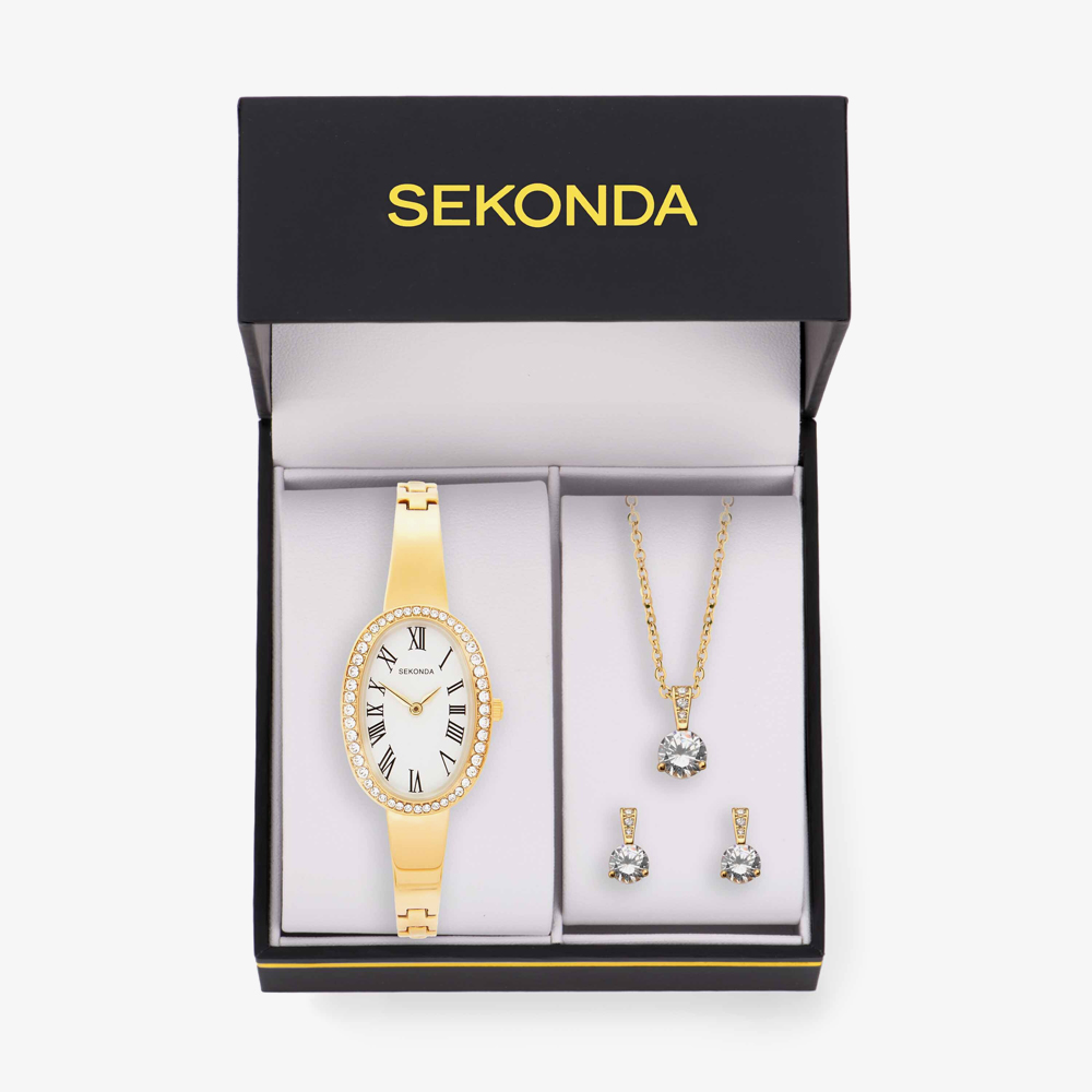 Sekonda Ladies Classic Bellamy Oval Dial Gold Plated Stainless Steel Bracelet Watch Earrings + Necklace Gift Set 49078