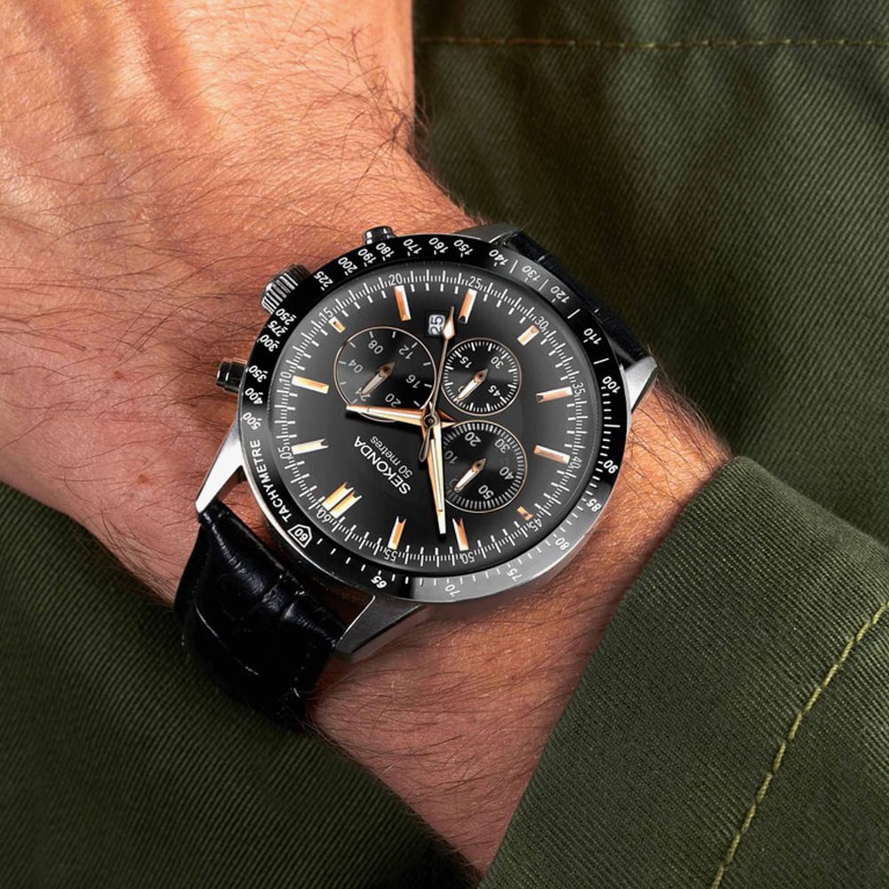 Sekonda Velocity Chronograph Black Leather Strap Watch 30017