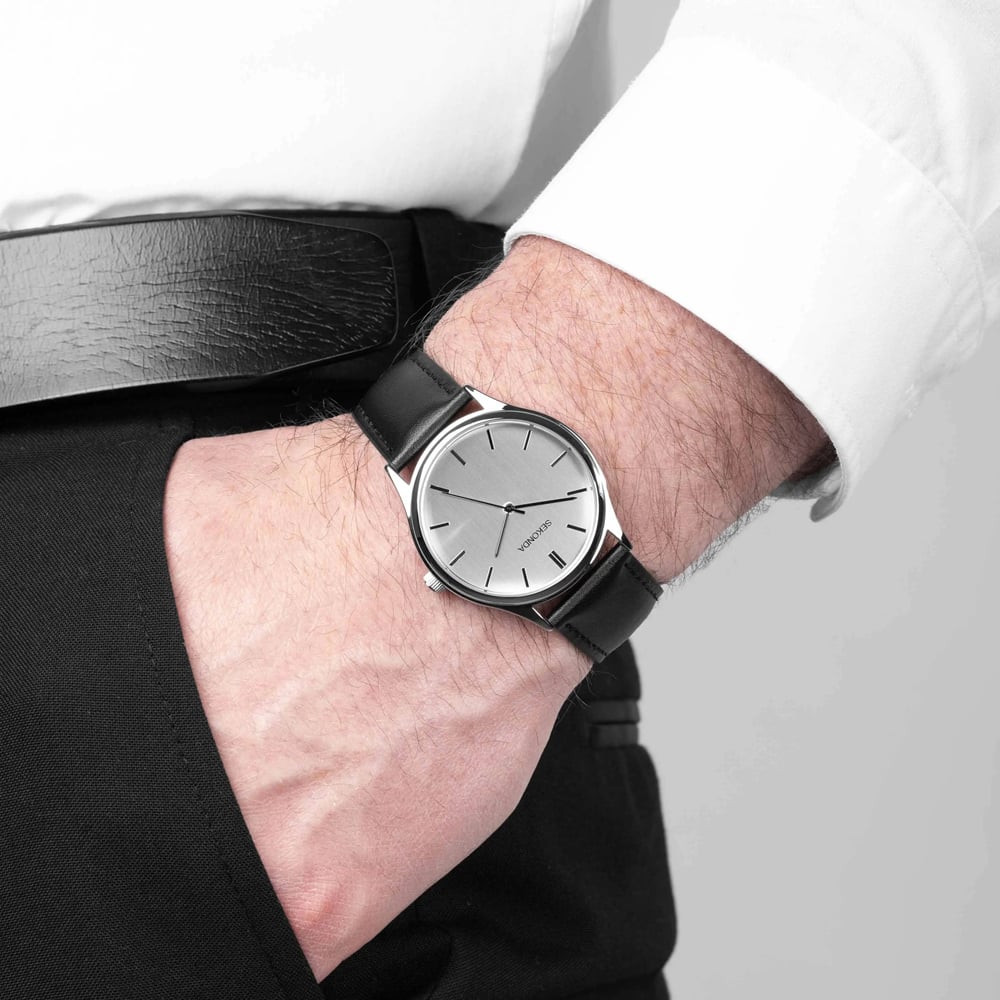 Sekonda Mens Evans Silver Dial Black Leather Strap Watch 30252