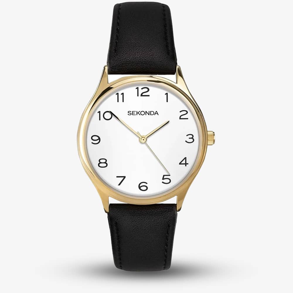 House of Watches - Sekonda Easy Reader Gold & Black Leather Strap Watch 1854