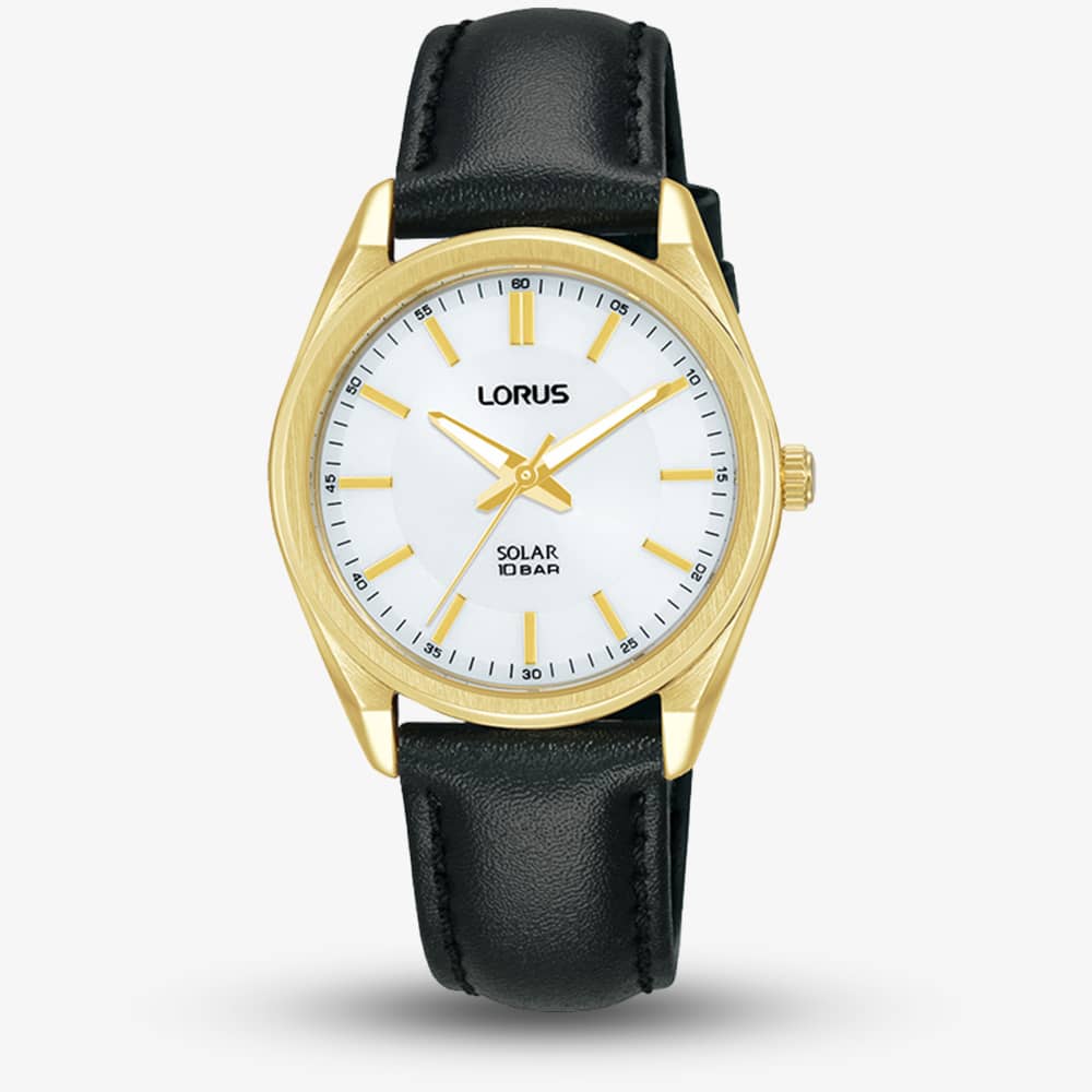 House of Watches - Lorus Solar Gold Plated Black Leather Strap Watch RY518AX9