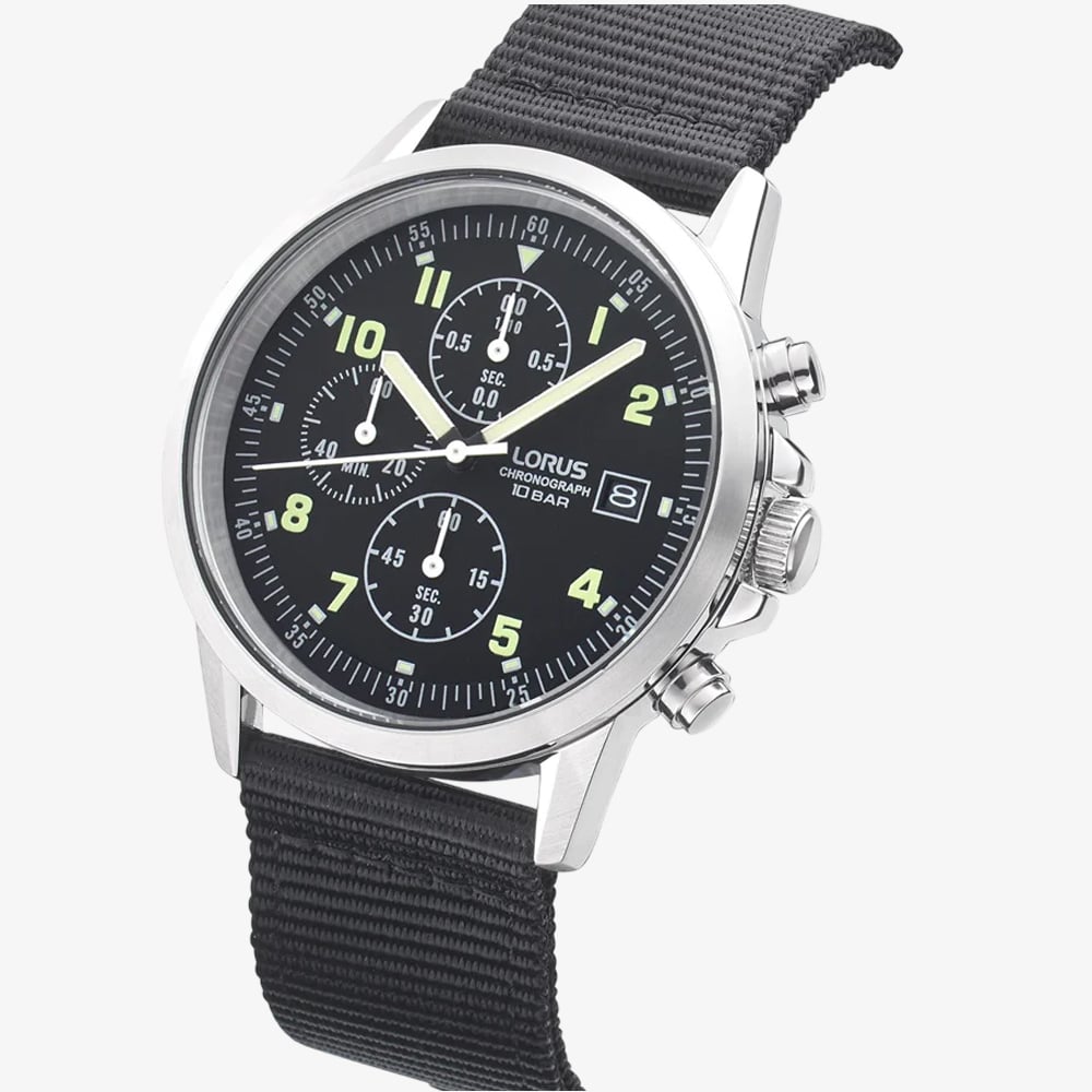 Lorus Mens Black Chronograph Fabric Strap Watch RM347JX9