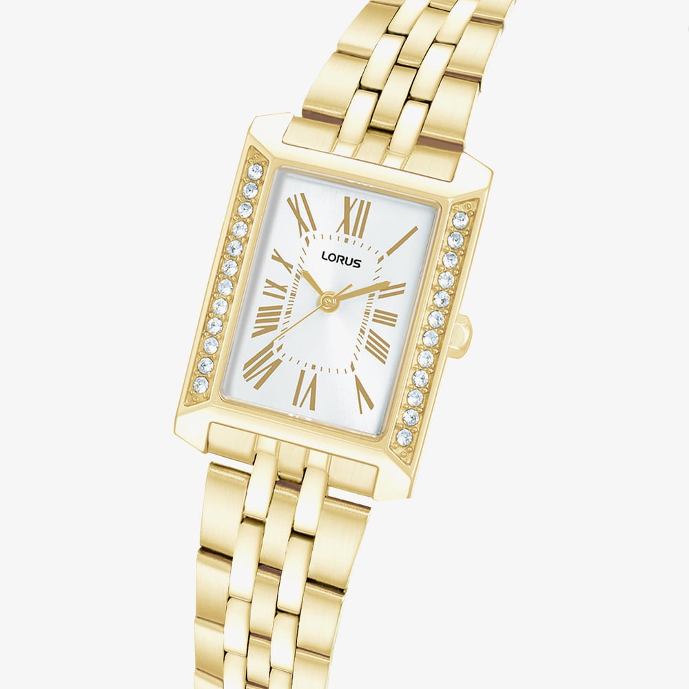 Lorus Ladies Rectangular White Dial Golden Bracelet Watch RG238YX9