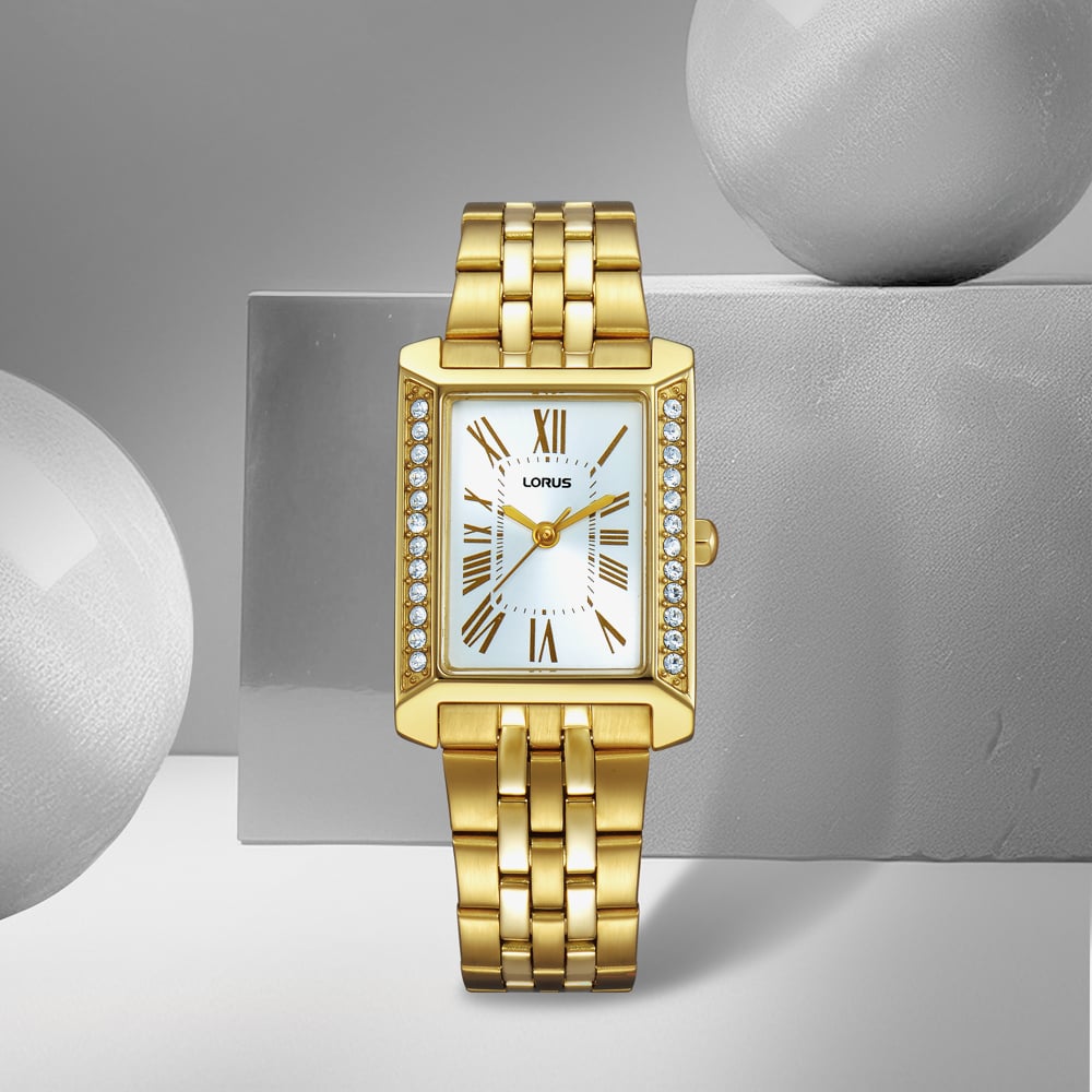Lorus Ladies Rectangular White Dial Golden Bracelet Watch RG238YX9
