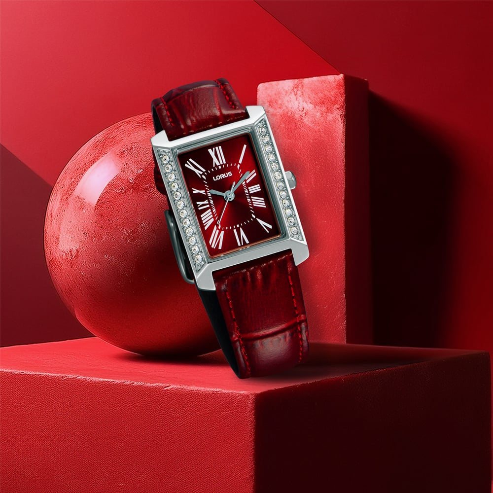 Lorus Ladies Rectangular Red Dial Leather Strap Watch RG239YX9