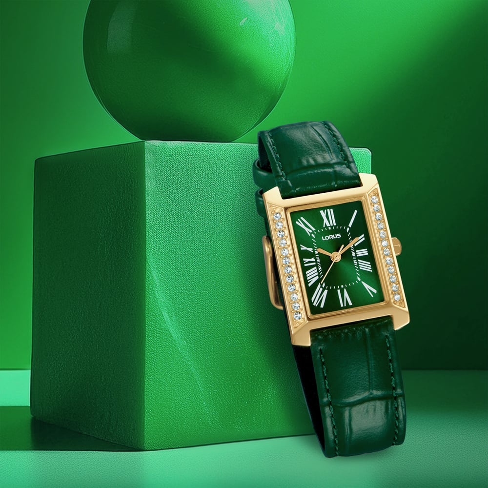 Lorus Ladies Rectangular Green Dial Leather Strap Watch RG242YX9