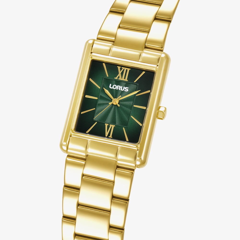 Lorus Ladies Green Rectangle Dial Golden Bracelet Watch RH836CX9