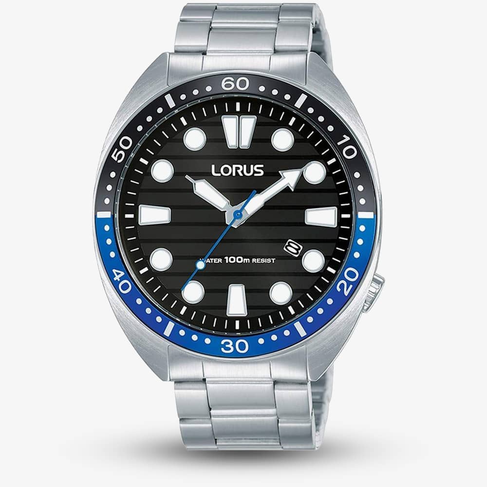Lorus Mens Sports Black Dial Stainless Steel Bracelet Watch RH921LX9