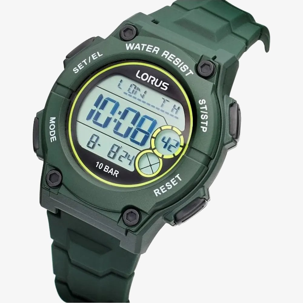 Lorus Mens Digital Dark Green Rubber Strap Watch R2333PX9