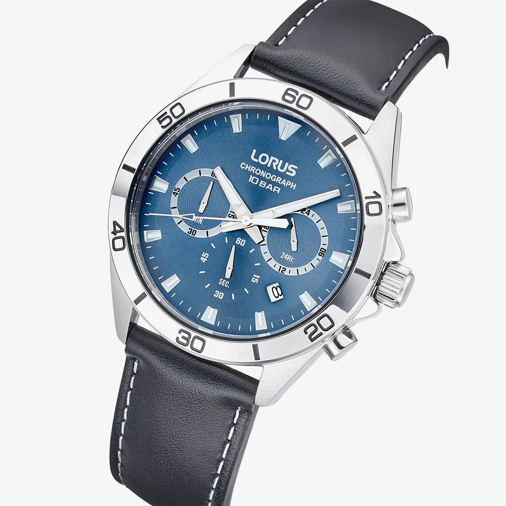 Lorus Mens Grey Blue Sunray Chronograph Leather Strap Watch RT341KX9