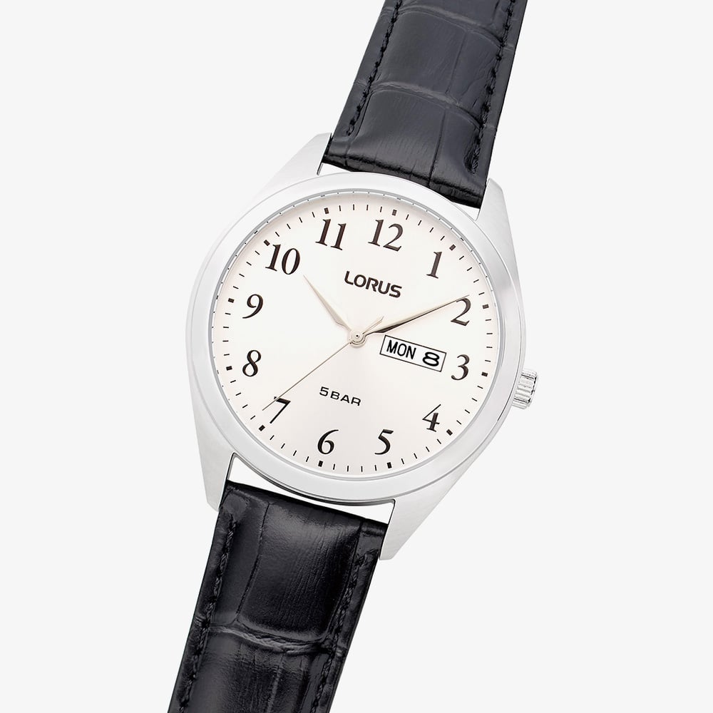 Lorus Mens White Dial Day Date Black Leather Strap Watch RJ673AX9