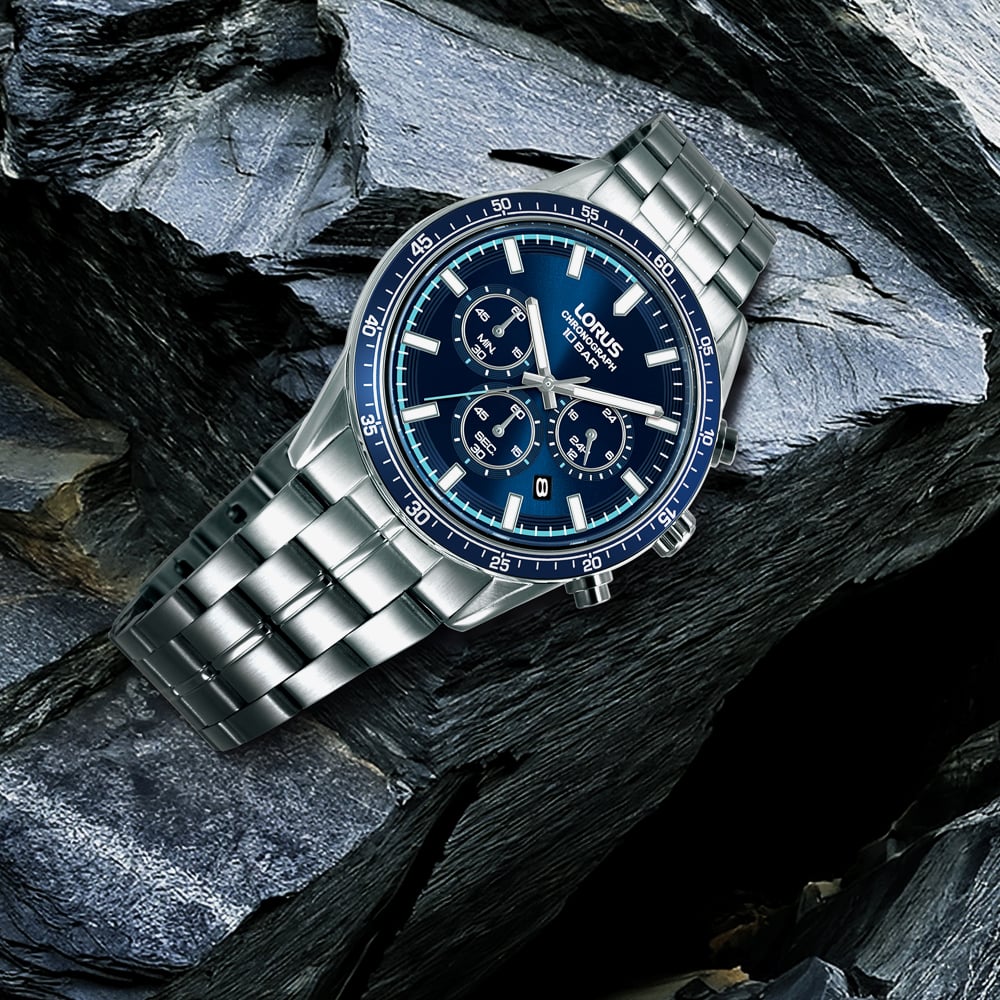 Lorus Mens Sports Chronograph Blue Dial Bracelet Watch RT347LX9