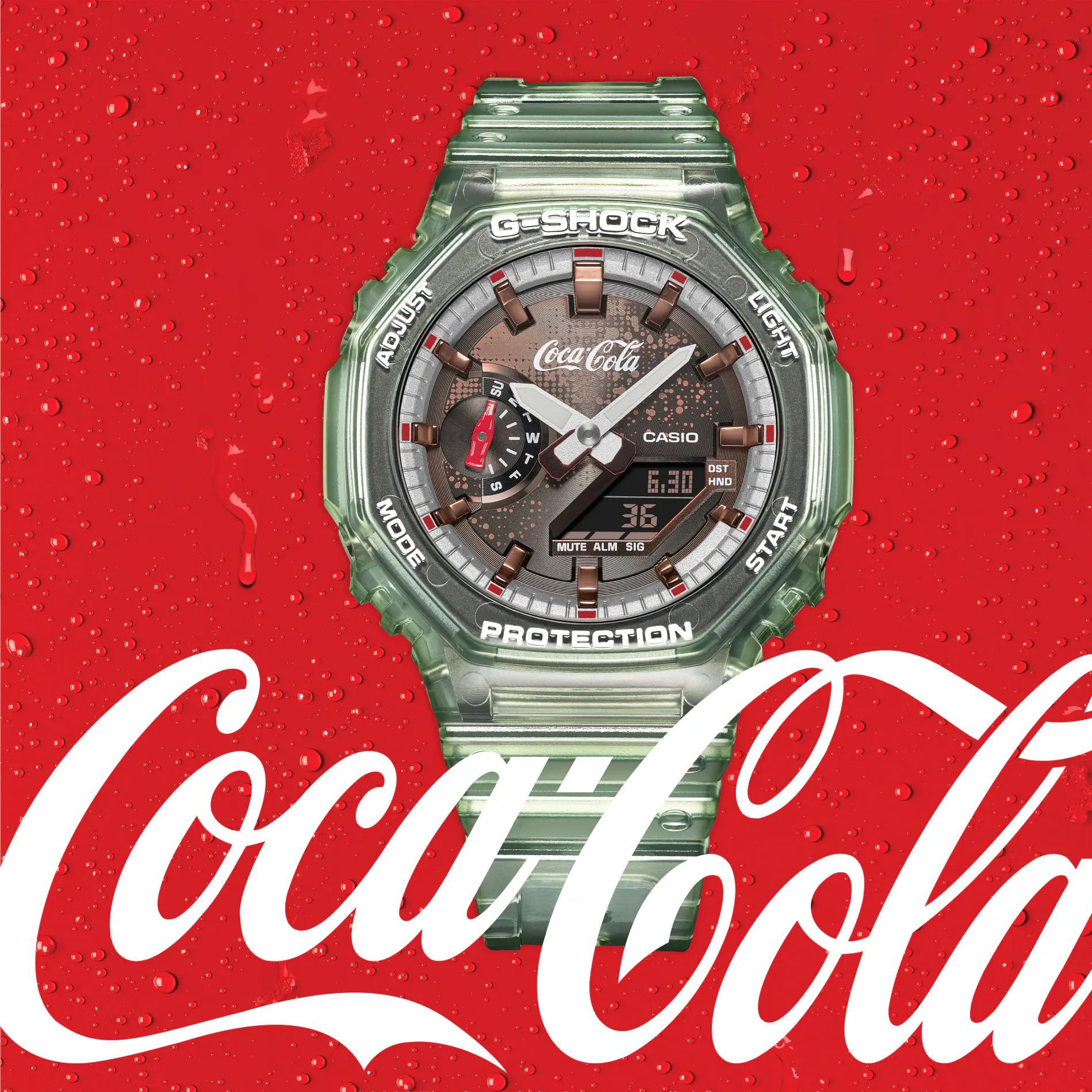 Casio Mens G-Shock Coca-Cola Green Plastic Dual Display Watch GA-2100CC-3A