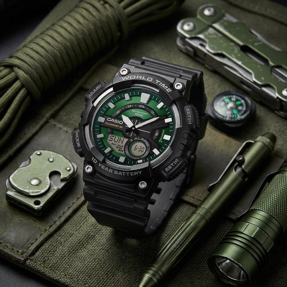 Casio Mens Green Face Series Dual Display Black Watch AEQ-110W-3A2VEF