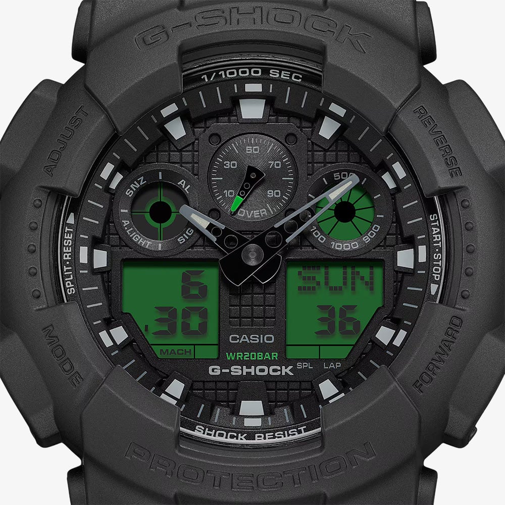 Casio Mens G-Shock Black & Electro Green Series Plastic Strap Watch GA-100BEG-1AER