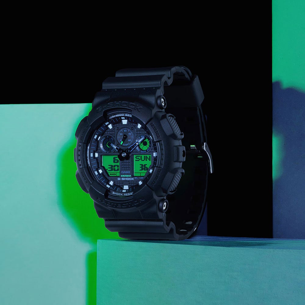Casio Mens G-Shock Black & Electro Green Series Plastic Strap Watch GA-100BEG-1AER