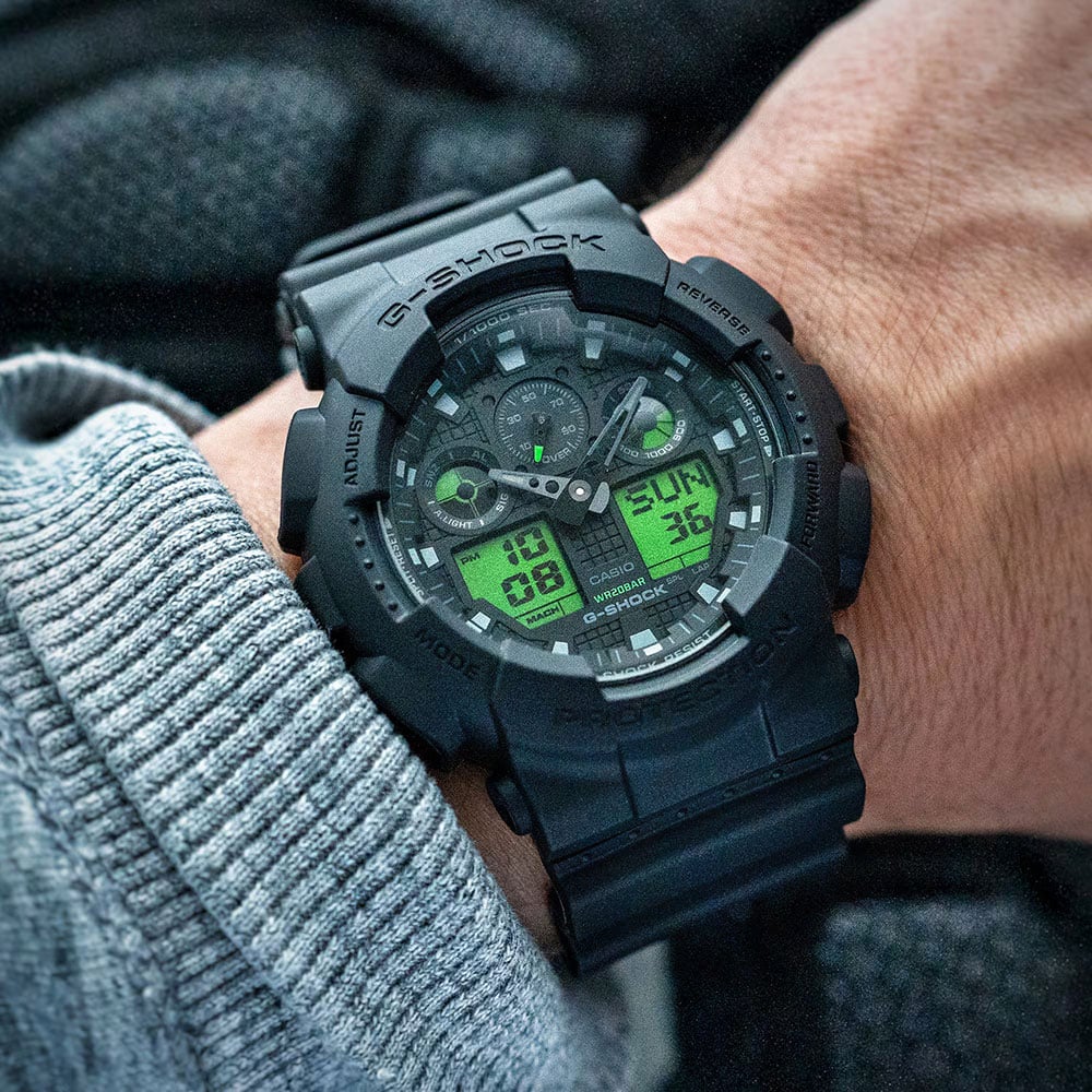 Casio Mens G-Shock Black & Electro Green Series Plastic Strap Watch GA-100BEG-1AER