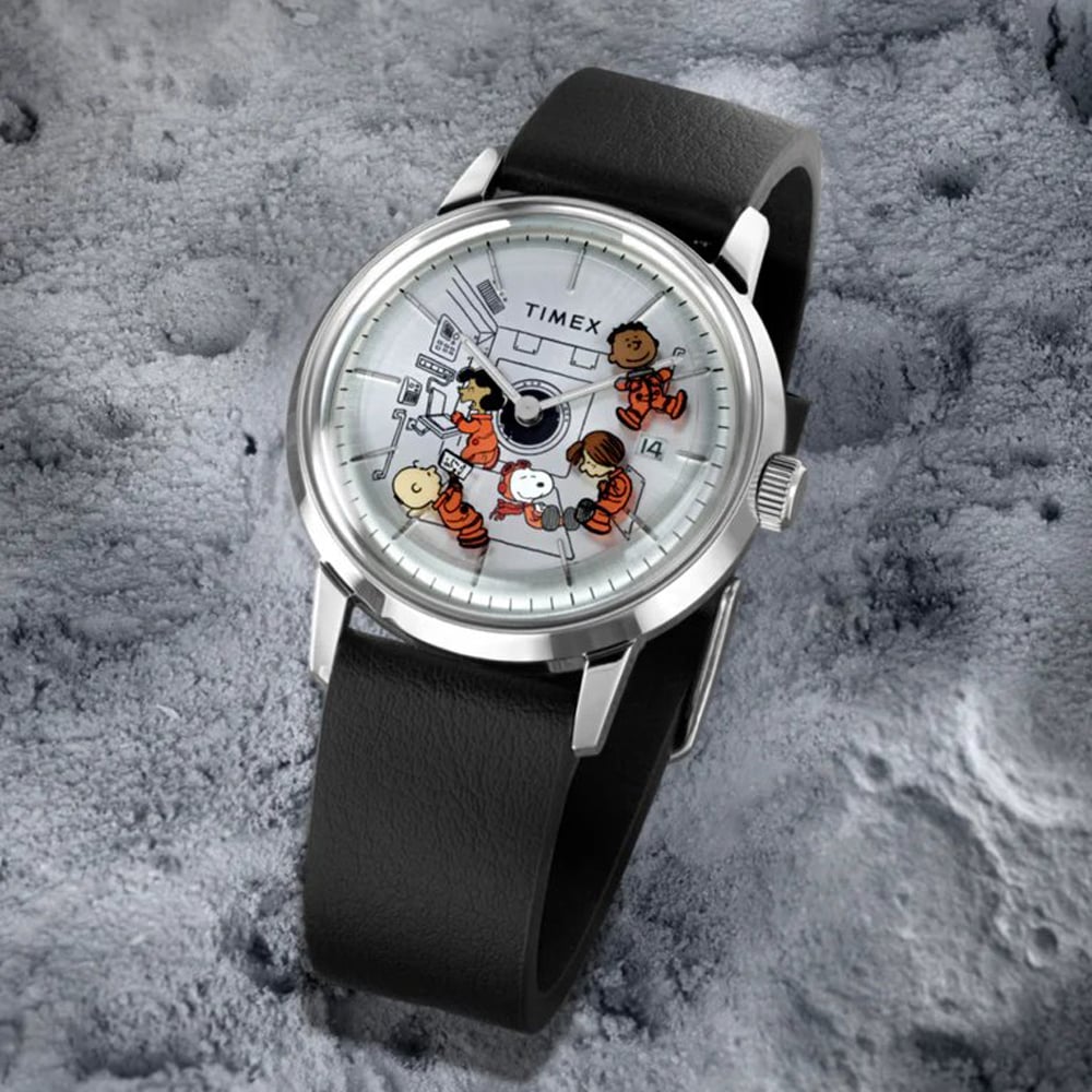 Timex Mens X Peanuts Marlin Automatic Space Black Leather Strap Watch TW2W87200