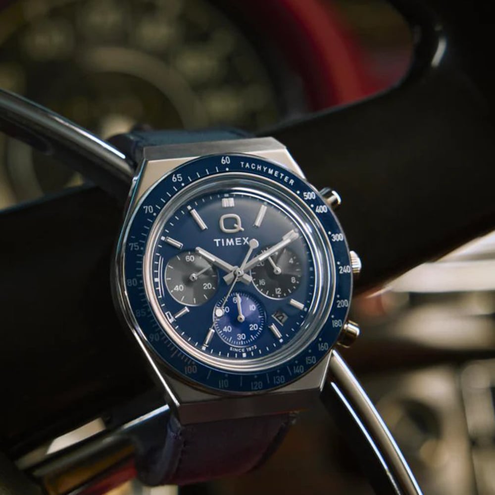 Timex Mens Q Blue Chronograph Dial Leather Strap Watch TW2Y36100