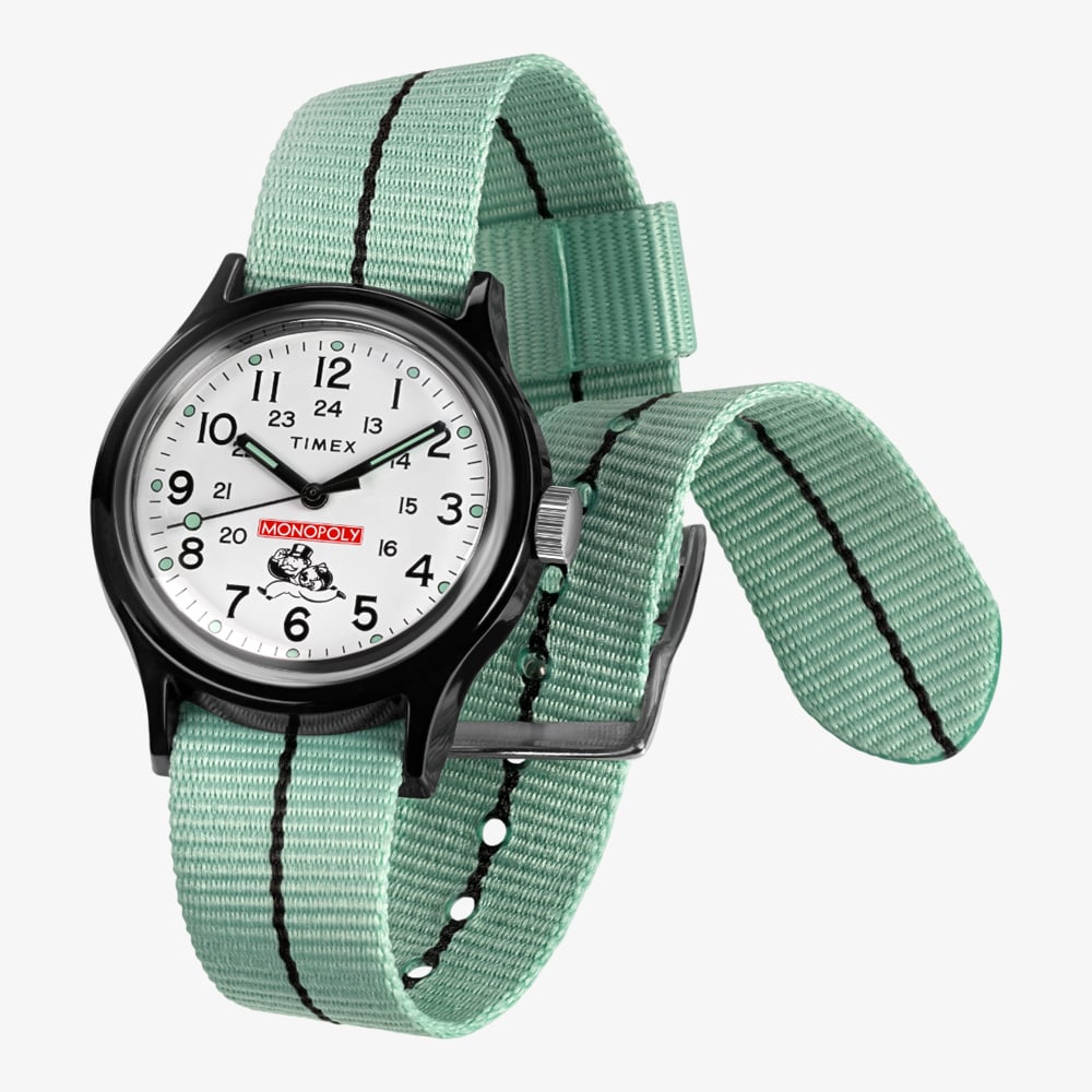 Timex Mens Lab X Monopoly White Dial Green Fabric Strap Watch TW2Y47100