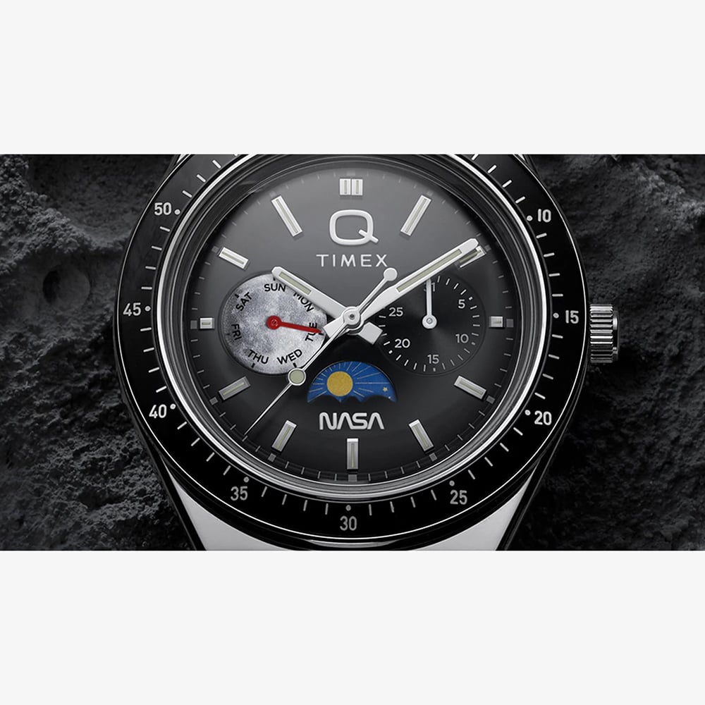 Timex x NASA Mens Q Space Black Leather Strap Watch TW2Y56800