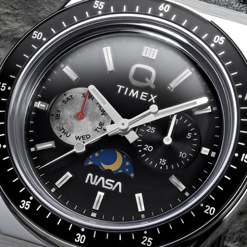 Timex x NASA Mens Q Space Black Leather Strap Watch TW2Y56800