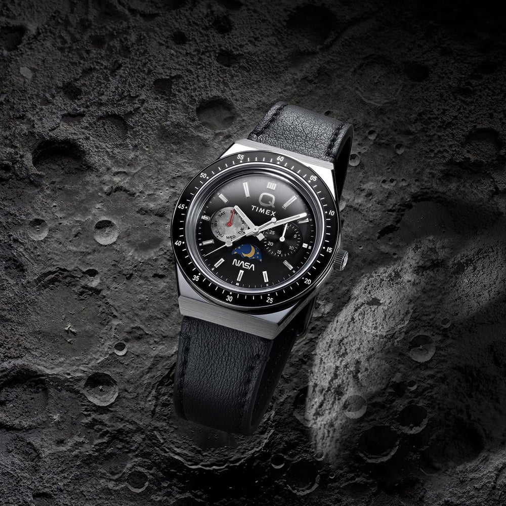 Timex x NASA Mens Q Space Black Leather Strap Watch TW2Y56800