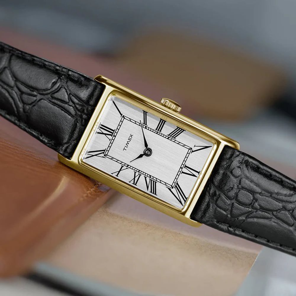 Timex Mens 1976 Lexington Reissue Gold Rectangle Black Leather Strap Watch TW2Y56200