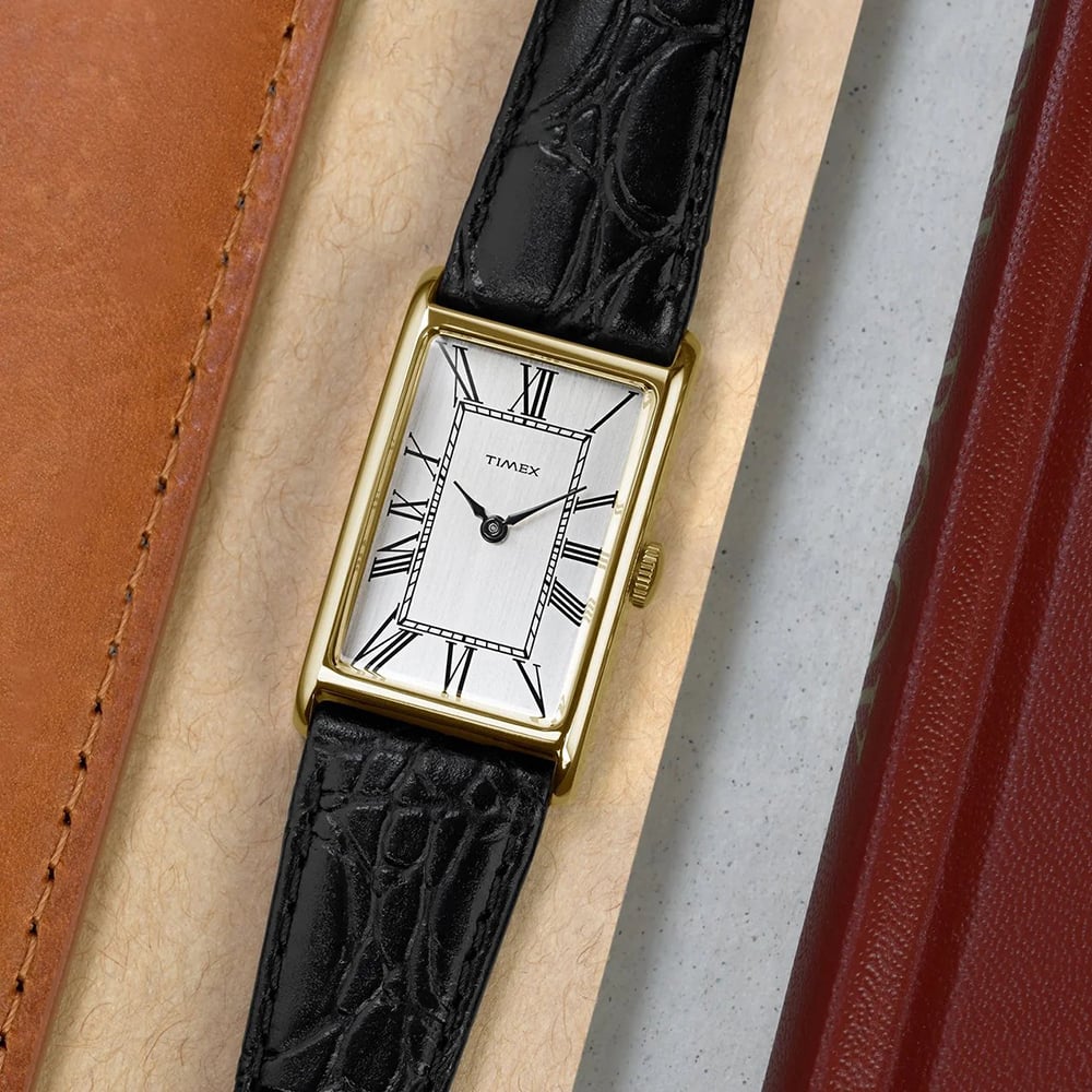 Timex Mens 1976 Lexington Reissue Gold Rectangle Black Leather Strap Watch TW2Y56200