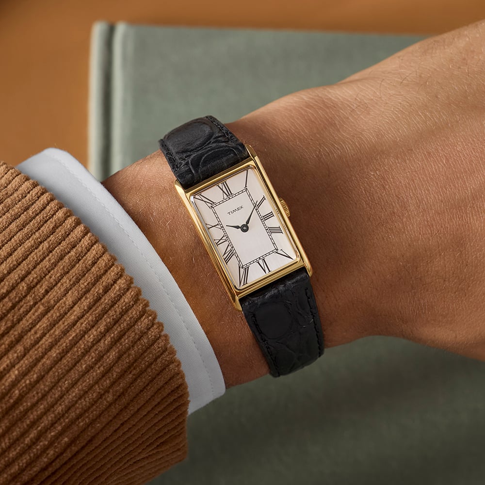 Timex Mens 1976 Lexington Reissue Gold Rectangle Black Leather Strap Watch TW2Y56200