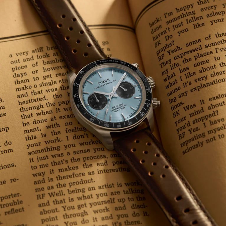 Timex Mens Waterbury Heritage Blue Chronograph Dial Brown Leather Strap Watch TW2Y70600