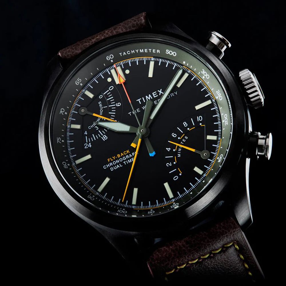 Timex Mens Waterbury Ace Fly-Back Chronograph Brown Leather Strap Watch TW2Y70100