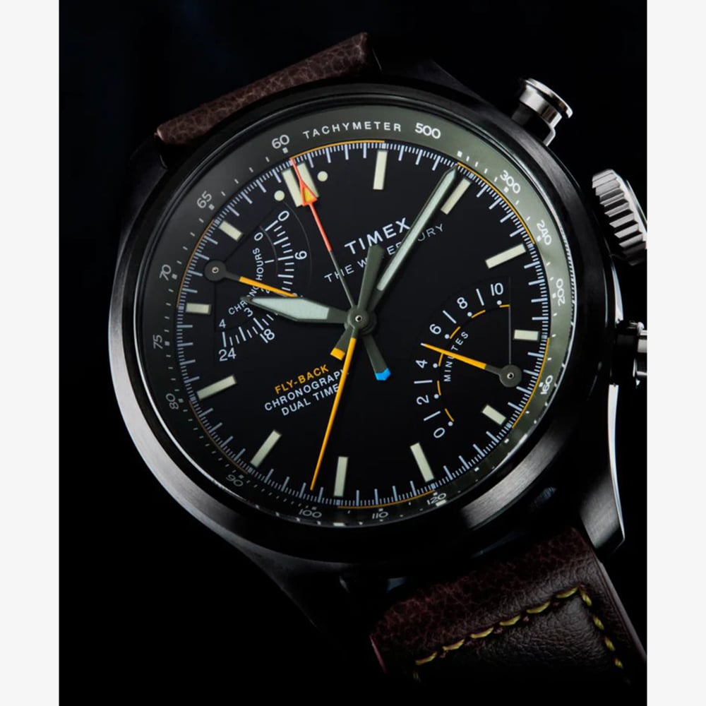 Timex Mens Waterbury Ace Fly-Back Chronograph Brown Leather Strap Watch TW2Y70100