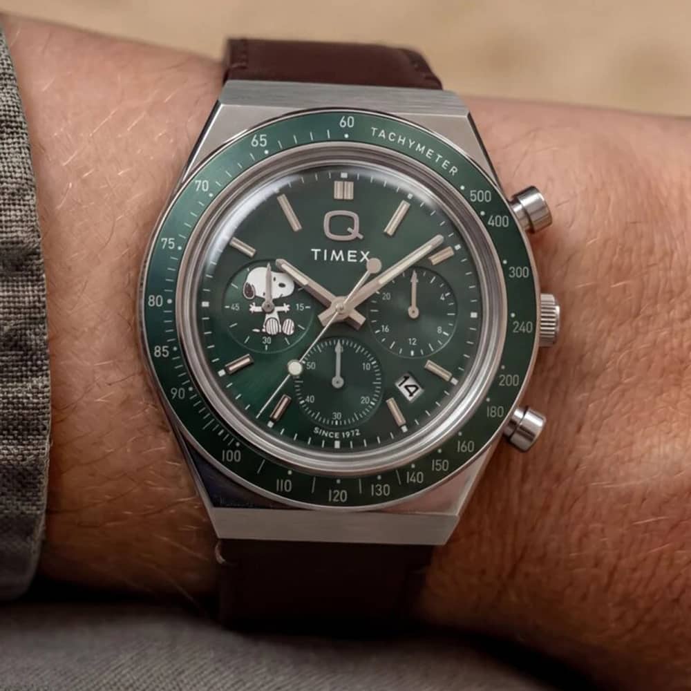 Timex Mens Q Peanuts Green Chronograph Dial Strap Watch TW6A04400
