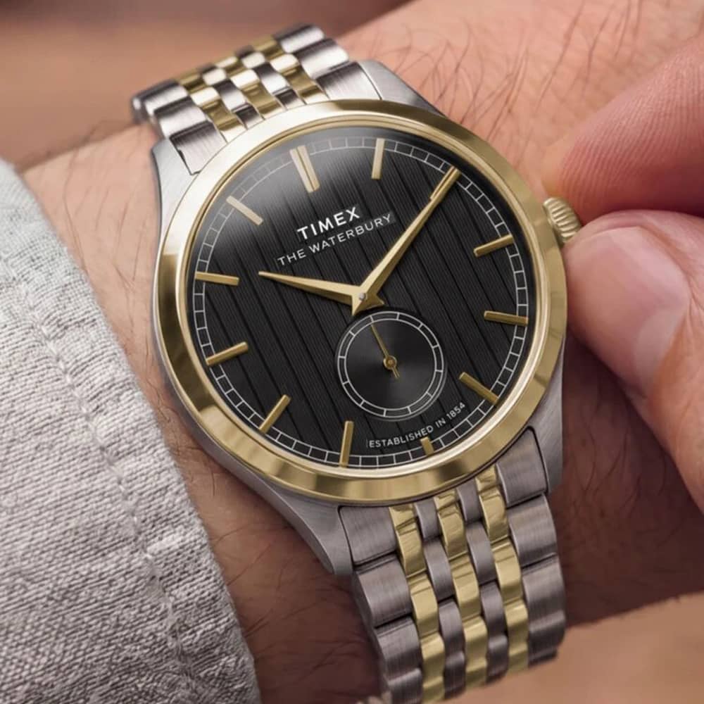 Timex  Mens Waterbury Classic Black Dial Two Tone Bracelet Watch TW2Y91900