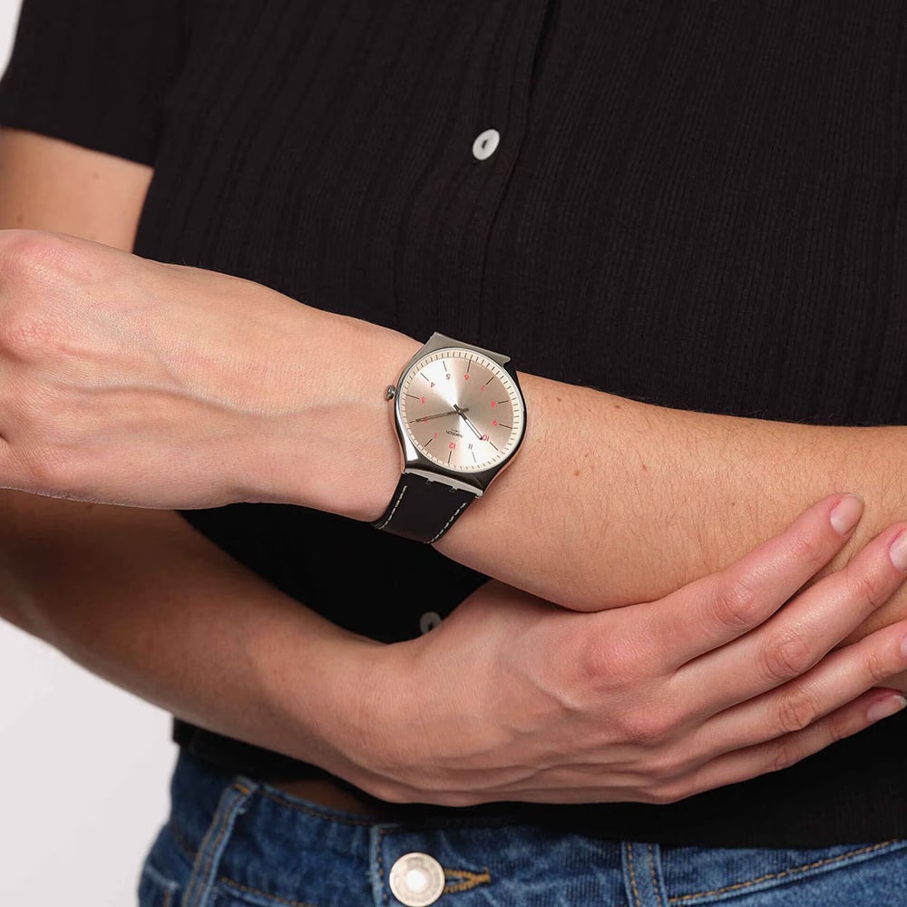 Swatch Smart Stitch Black Leather Strap Watch SS07S118