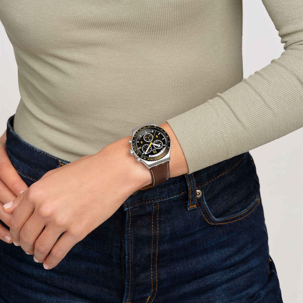 Swatch Canyon Chaser Brown Leather Strap Chronograph Watch YVS530