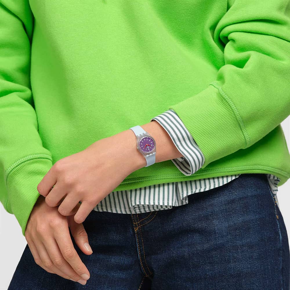 Swatch Powder Plum Transparent Light Blue Watch LL126