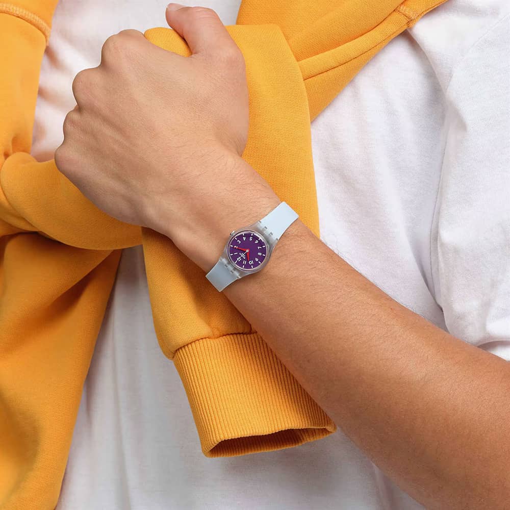 Swatch Powder Plum Transparent Light Blue Watch LL126