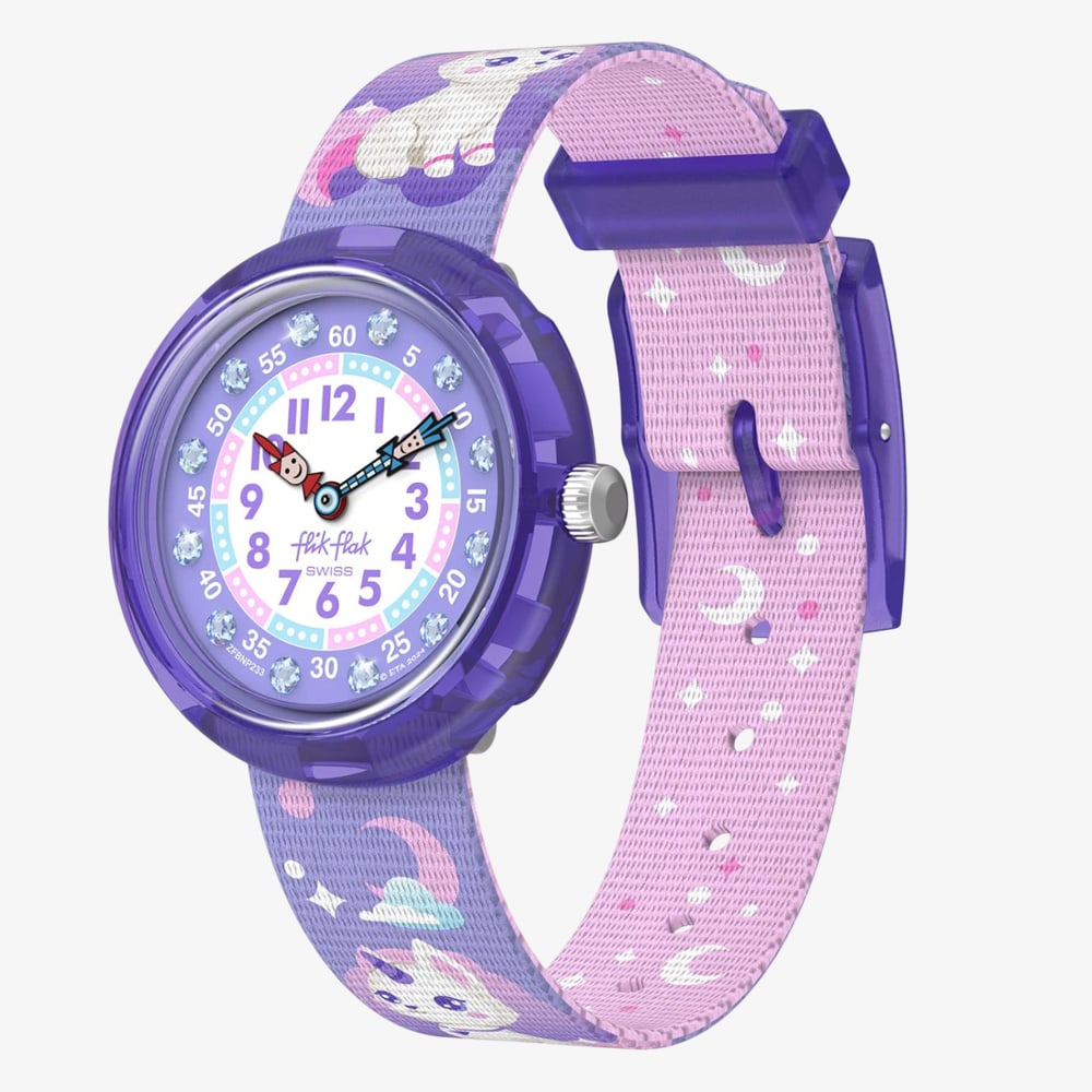 Flik Flak Girls Cosmicat Purple Fabric Strap Watch FBNP233
