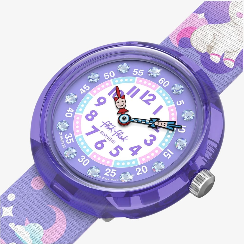 Flik Flak Girls Cosmicat Purple Fabric Strap Watch FBNP233