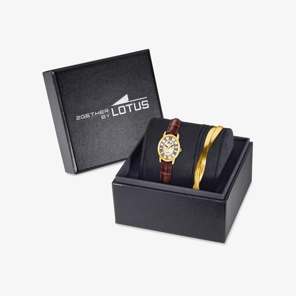 Lotus Ladies 2Gether Oval Champagne Dial Leather Strap Watch and Bracelet Set L19019/2