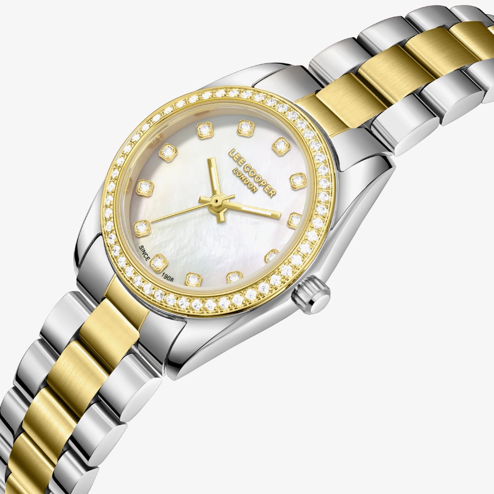 Lee Cooper Ladies White Mother of Pearl Crystal Dial Two Tone Bracelet Watch LC08155.220