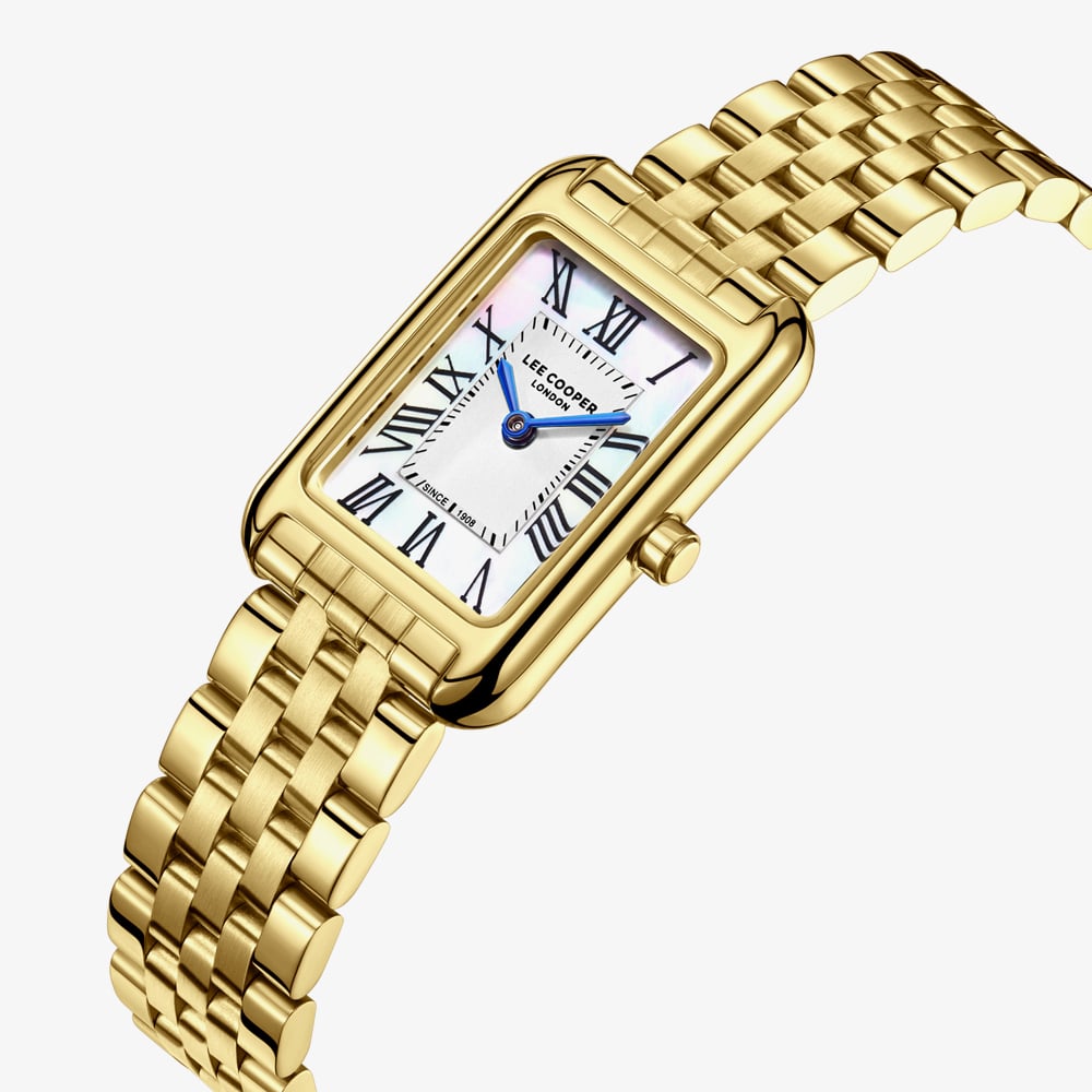 Lee Cooper Ladies White Mother of Pearl Rectangle Dial Golden Bracelet Watch LC08135.120