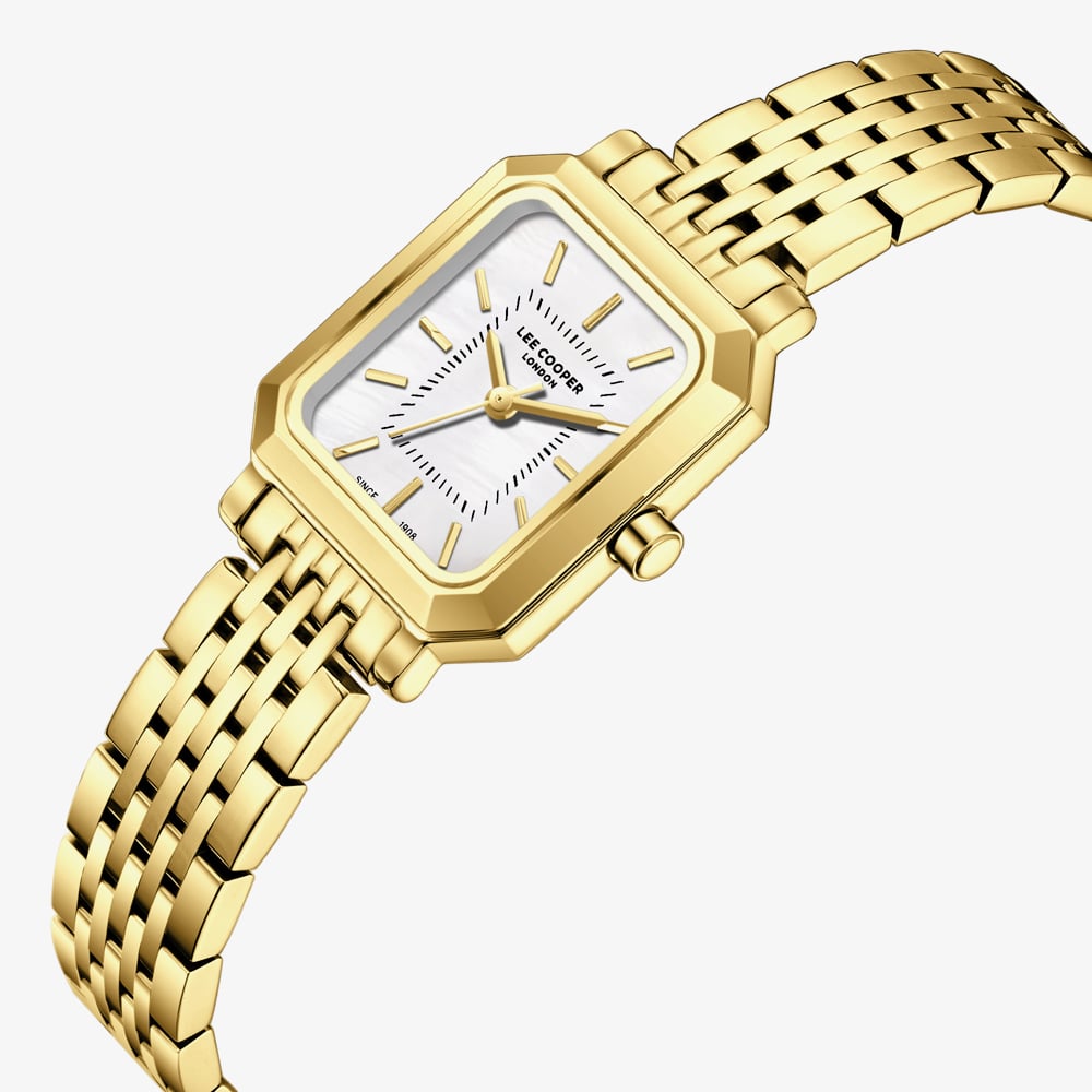 Lee Cooper Ladies White Mother of Pearl Rectangle Dial Golden Bracelet Watch LC08203.120
