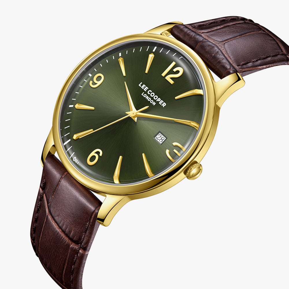 Lee Cooper Mens Green Dial Brown Leather Strap Watch LC08379.172