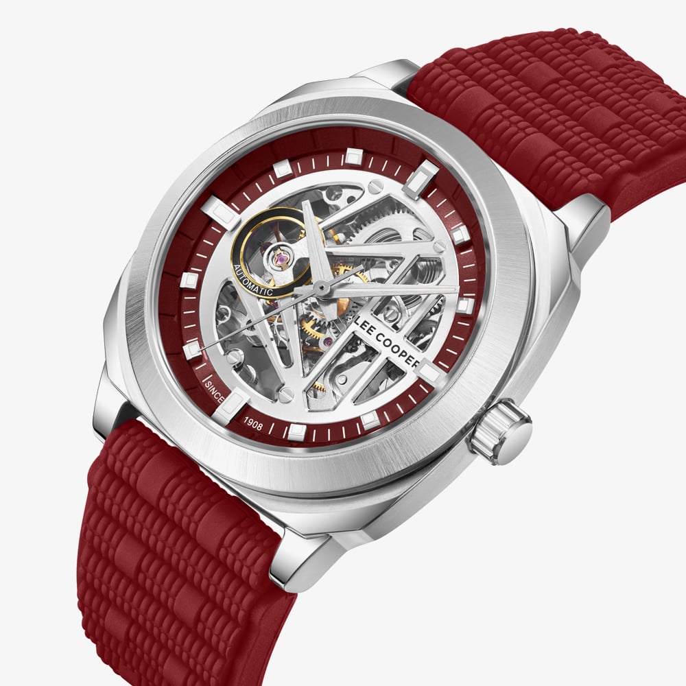 Lee Cooper Mens Red Skeleton Dial Automatic Rubber Strap Watch LC08074.388