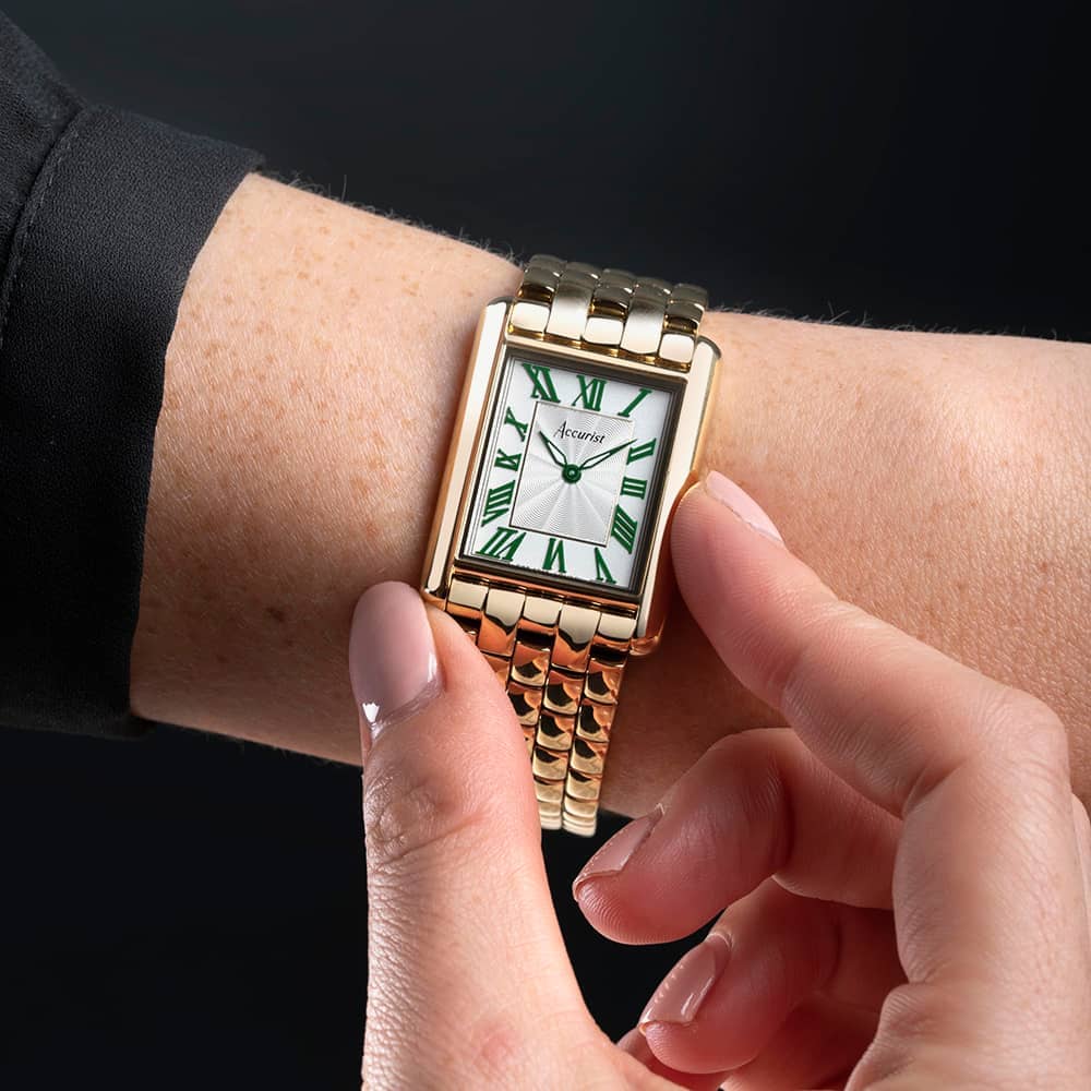 Accurist Rectangle Gold With Green Roman Numerals Watch 71008