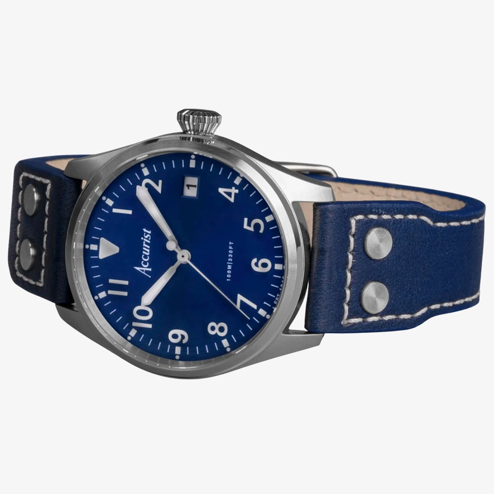 Accurist Mens Aviation Blue Leather Strap Watch 76001